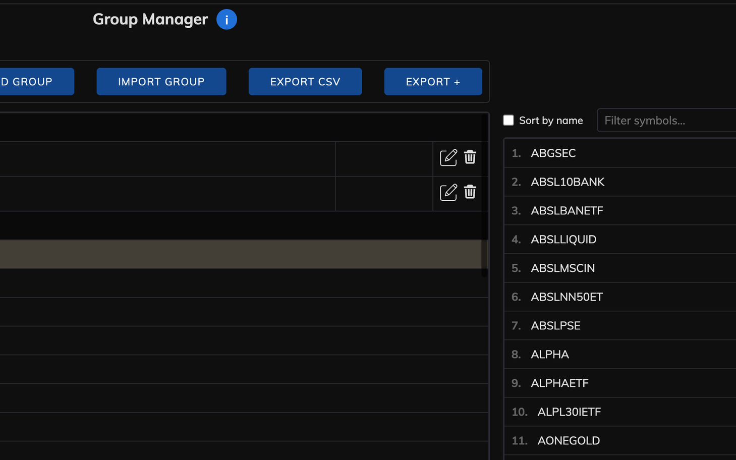 Export: watchlist with Dx CSV export, Export+, sort, and symbol filter
